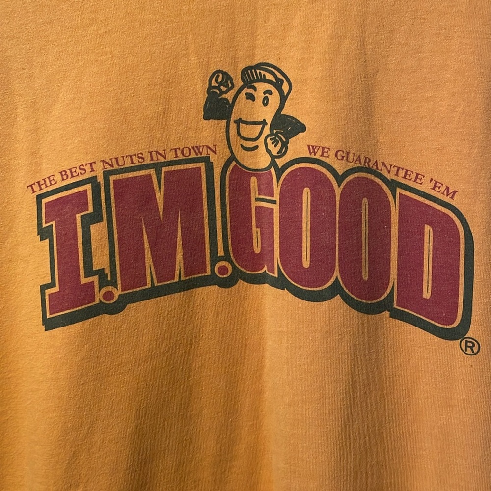 Vintage Hanes I.M.Good T-shirt The Best Nuts In Town Yellow Size XL Promotional